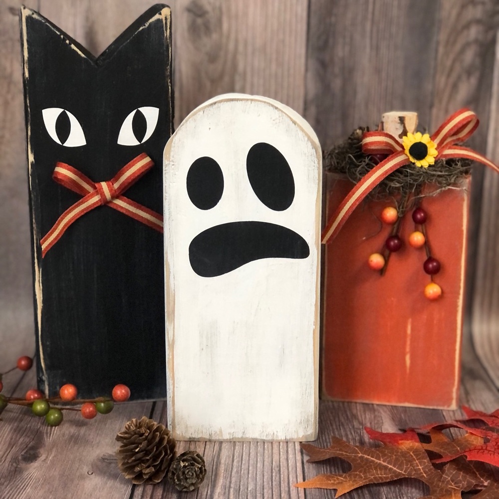 Wooden Halloween Black Cat, Ghost, Pumpkin Set